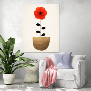 Minimalistic floral art print with red flower and golden pot, relaxing Scandinavian ambiance