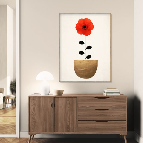Minimalistic floral art print with red flower on cream background, modern zen vibe in a clean room