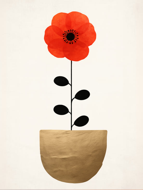 Minimalistic floral art print with red flower and golden pot, sleek contemporary style