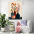 Minimalist floral canvas with colorful vases in a cozy modern living room