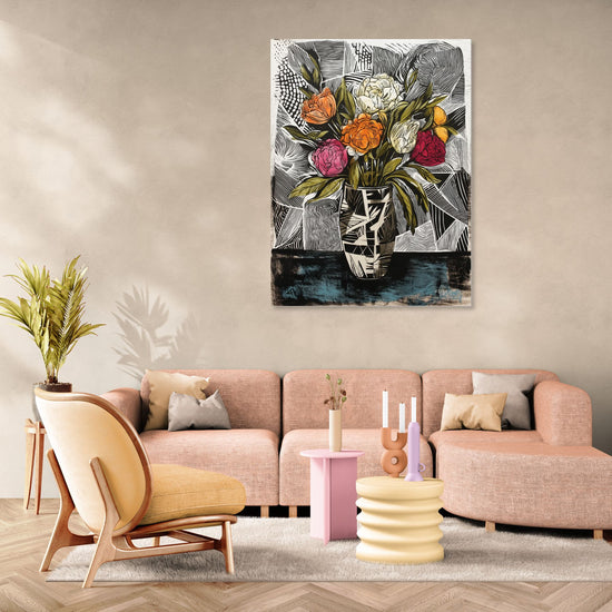 Modern floral wall art in beige and pink tones, perfect for cozy contemporary living room decor