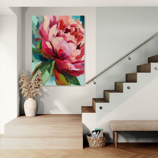 Vibrant floral artwork of a pink peony for a modern, minimalistic entryway