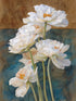 Tableau floral avec pivoines blanches sur fond texturé bleu et marron, ambiance nature délicate