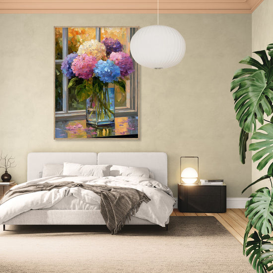 Floral painting of colorful peonies in a zen interior, warm and natural ambiance