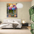 Floral painting of colorful peonies in a zen interior, warm and natural ambiance