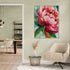 Colorful floral artwork with peonies in a modern, cozy living room