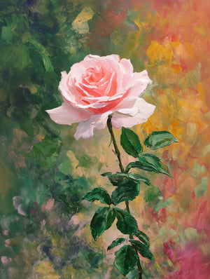Tableau floral texturé représentant une rose rose sur fond coloré, style impressionniste vibrant