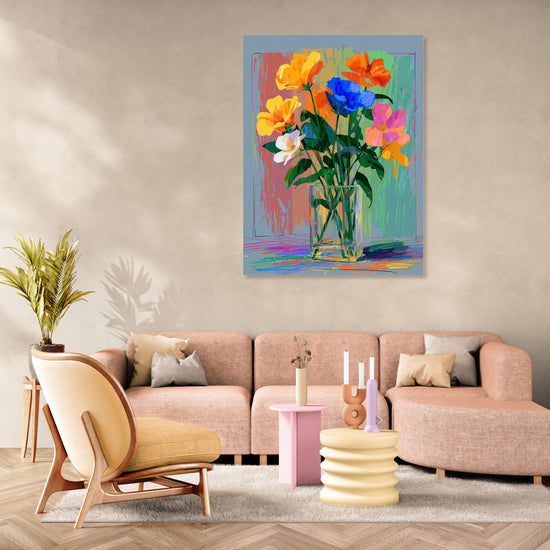Colorful floral art in a pastel modern living room, chic and artistic ambiance