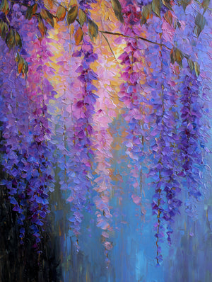 Tableau floral en tons violacés et bleus avec effet de pinceau, style impressionniste