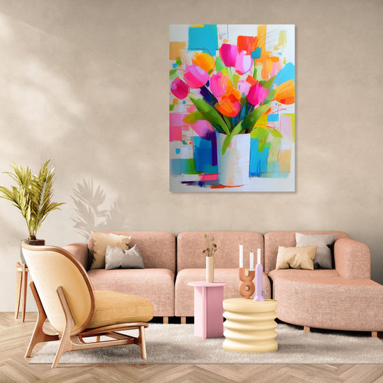 Colorful floral artwork with vivid tulips in a Scandinavian and modern design room