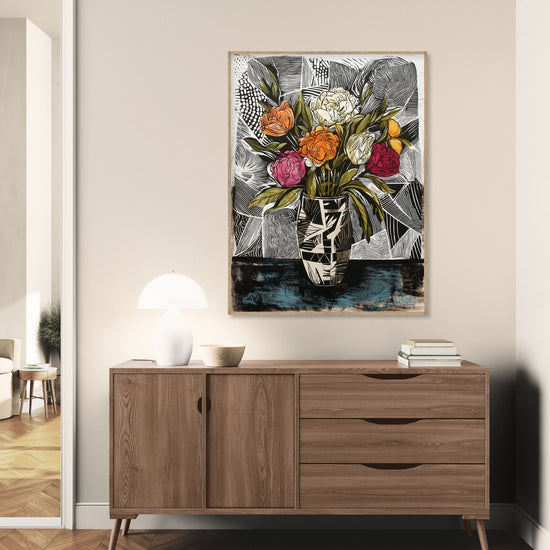 Contrasting floral wall art with black vase and abstract patterns, elegant contemporary living room decor