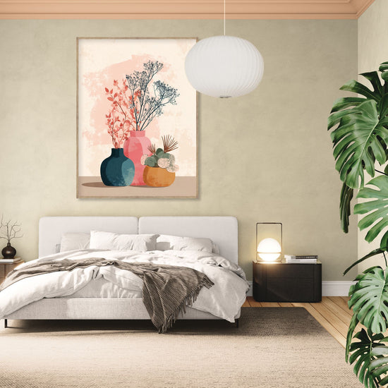 Floral decorative wall art with colorful vases for an elegant bedroom, Scandinavian and modern style.