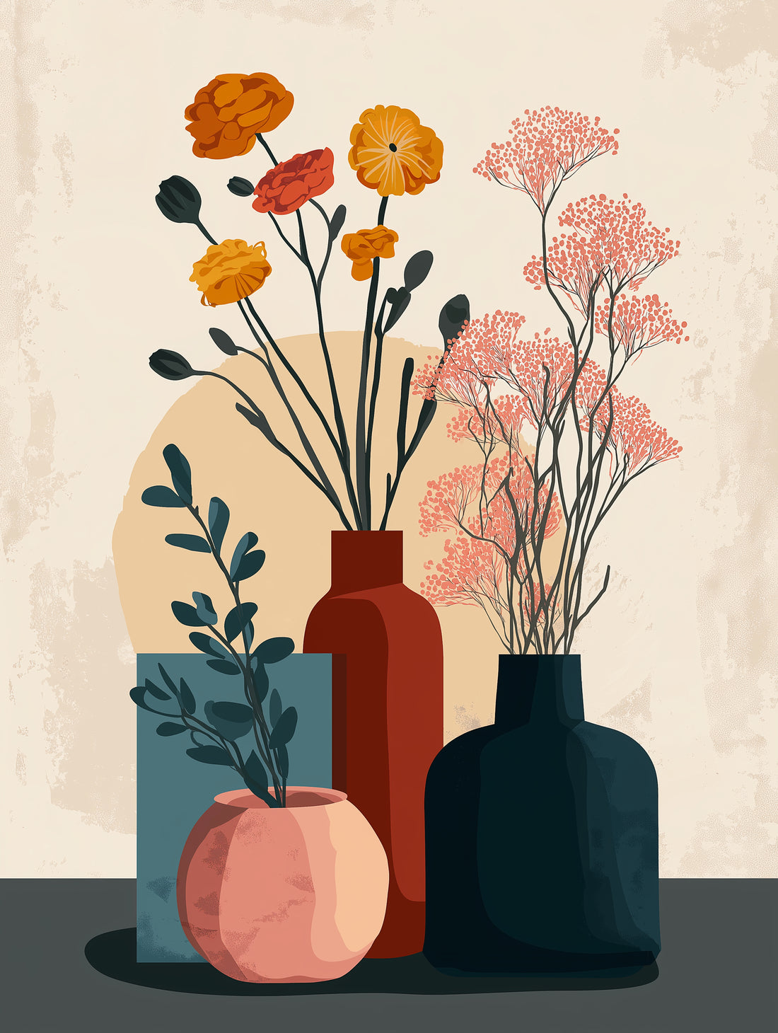 Grand tableau Vases stylisés - Douceur pastel