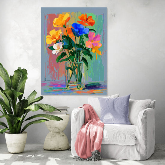 Vibrant floral artwork with striking colors in a modern minimalist living room