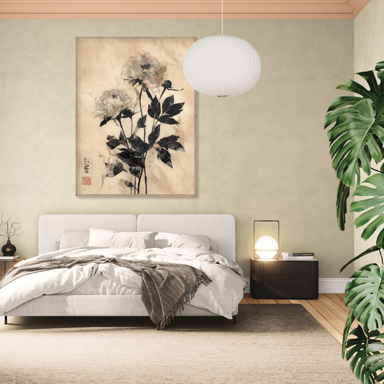 Vintage floral art with black peonies on beige background, natural calming bedroom decor