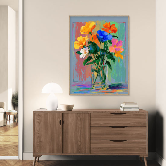 Colorful floral art for a vibrant and modern feel in a minimalist living room