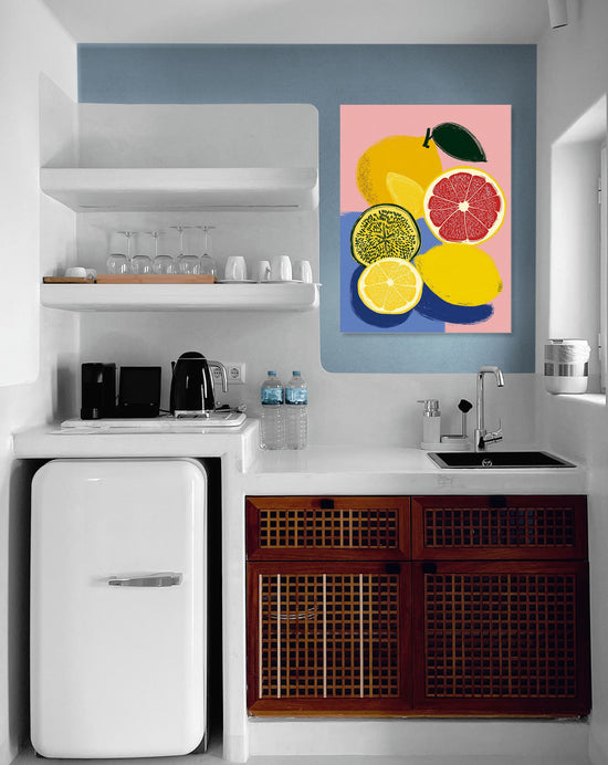 Colorful fruit artwork on pink background in a modern kitchen, vibrant pop art style