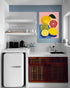 Colorful fruit artwork on pink background in a modern kitchen, vibrant pop art style