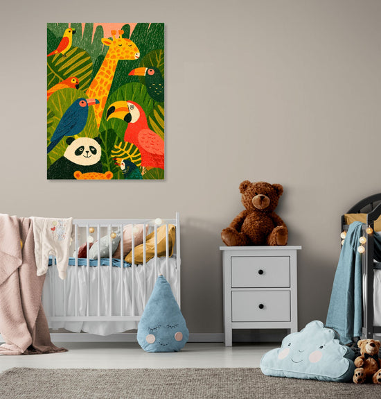 Colorful jungle art with exotic animals, ideal for a lively and playful kids' room