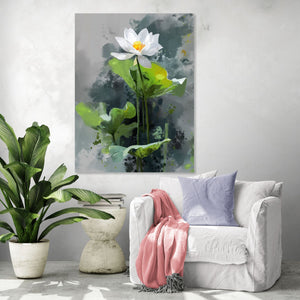Tableau de lotus blanc sur fond abstrait vert et gris, style zen, dans un salon minimaliste