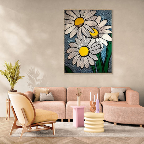 Pop art daisies in vivid colors, styled in a modern, cozy living room