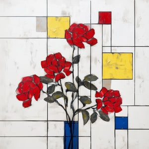 Tableau moderne de roses rouges sur fond géométrique blanc, jaune et bleu, style Mondrian floral