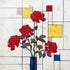 Modern art print of red roses on geometric white, yellow, and blue background, floral Mondrian style