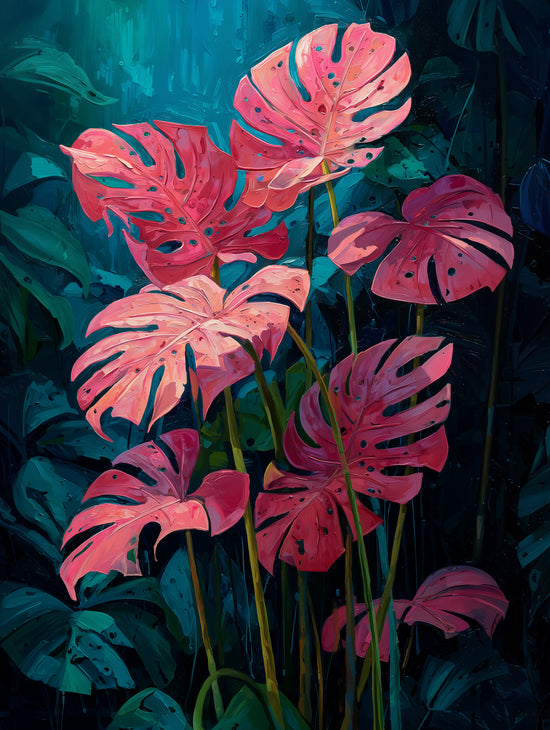 Tableau mural de feuilles de monstera roses sur fond bleu profond, style tropical luxuriant