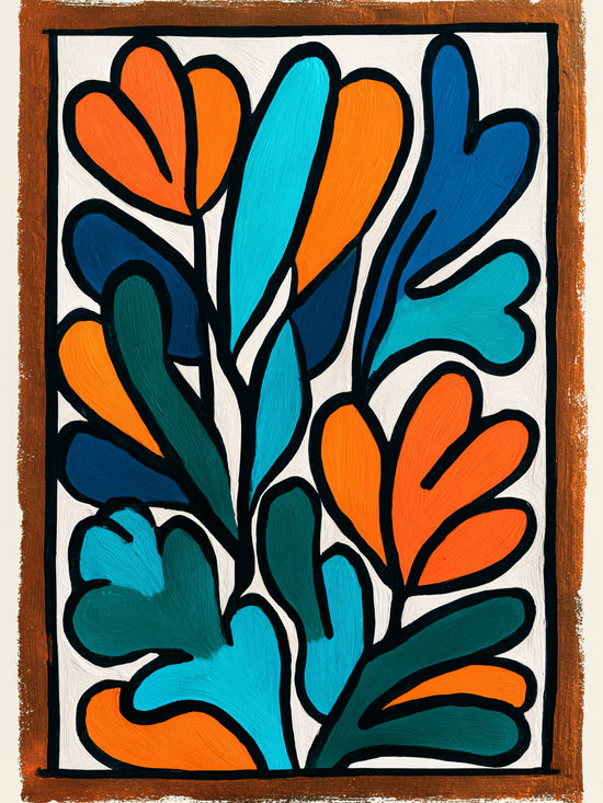 Tableau mural abstrait aux motifs organiques colorés, tons orange et bleu, style moderne
