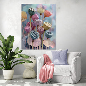 Tableau mural floral aux couleurs pastel avec des capsules de lotus, style moderne pour salon apaisant