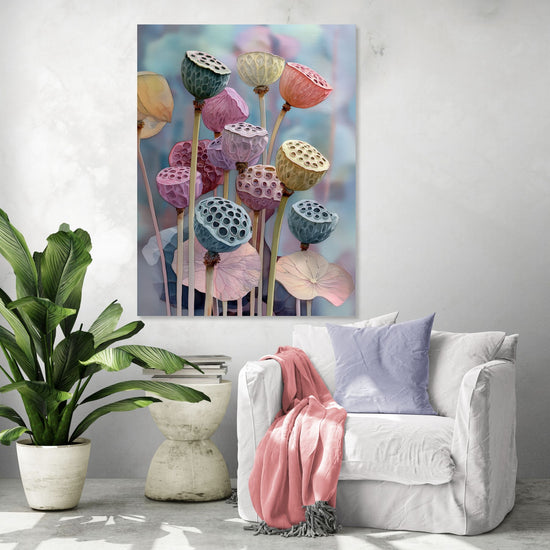 Tableau mural floral aux couleurs pastel avec des capsules de lotus, style moderne pour salon apaisant