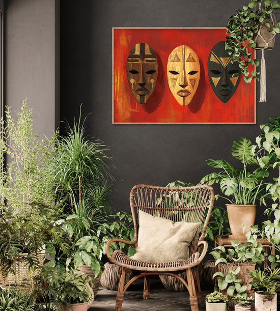 Tableau mural de masques ethniques sur fond rouge, style africain, dans un salon boho avec plantes vertes