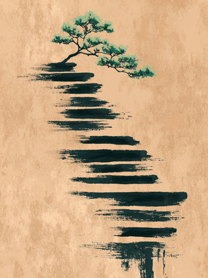 Minimalist wall art with tree on beige background, soothing zen style