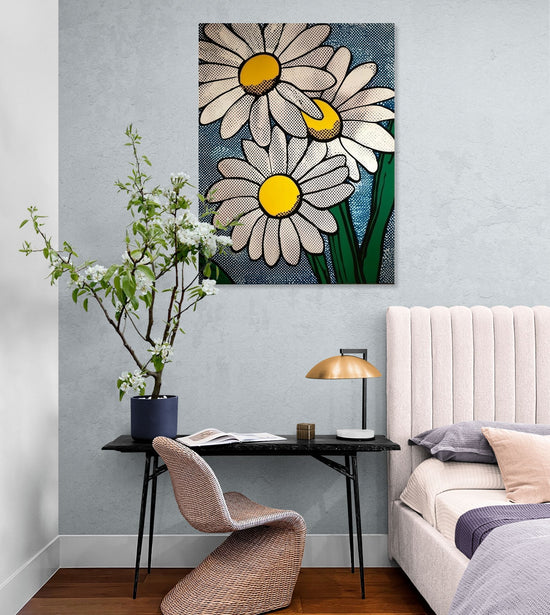 Pop art wall painting with white daisies on blue background, modern chic bedroom vibe