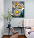 Pop art wall painting with white daisies on blue background, modern chic bedroom vibe