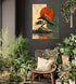 Nature wall art with tree and red sun, zen and botanical ambiance in a modern living room