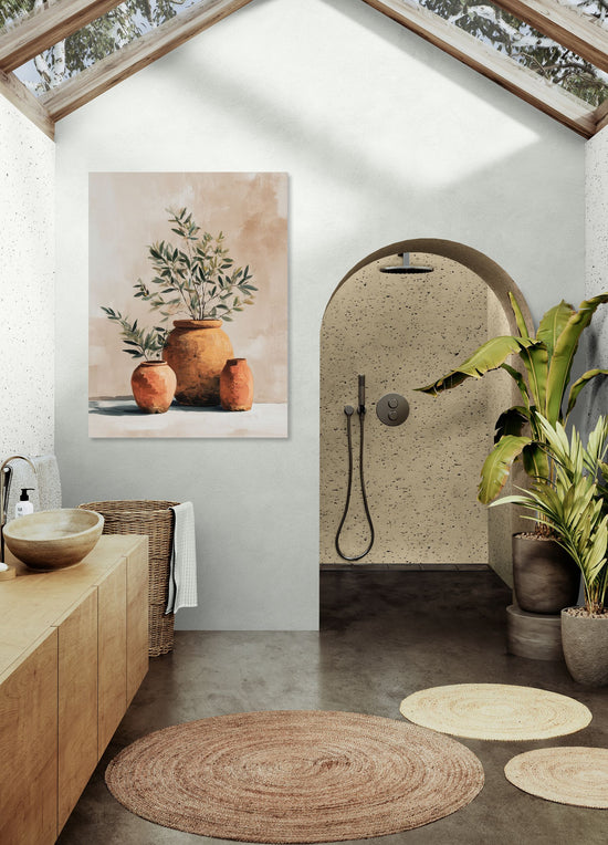 Serene zen bathroom wall art, Mediterranean still life with terracotta pots and foliage