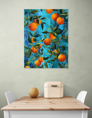 Tableau mural d'oranges vives sur fond turquoise, style vibrant pour une cuisine moderne