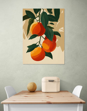 Tableau mural d'oranges vibrantes sur fond beige, style rétro, apportant une touche fruitée à la cuisine