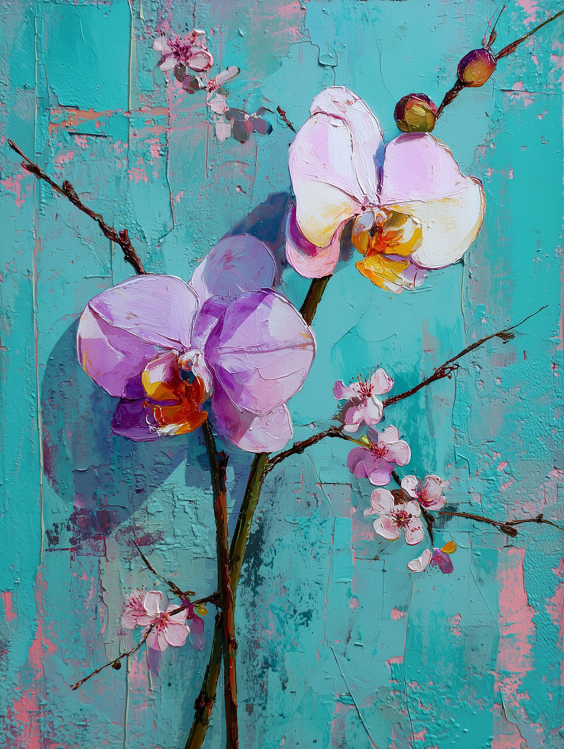 Tableau moderne Orchidée violette - Fond turquoise