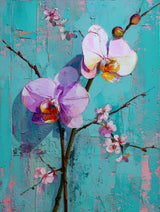 Tableau floral d'orchidées violettes en relief sur fond turquoise, style impressionniste