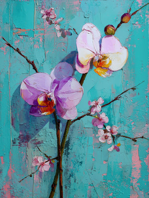 Tableau floral d'orchidées violettes en relief sur fond turquoise, style impressionniste