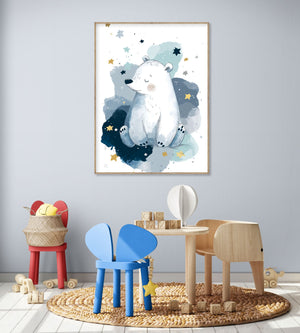Polar bear wall art on a blue starry background for a soft and dreamy child's room