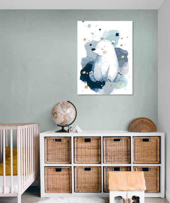 Tableau ours polaire et étoiles sur fond bleu pastel, ambiance douce de chambre d'enfant