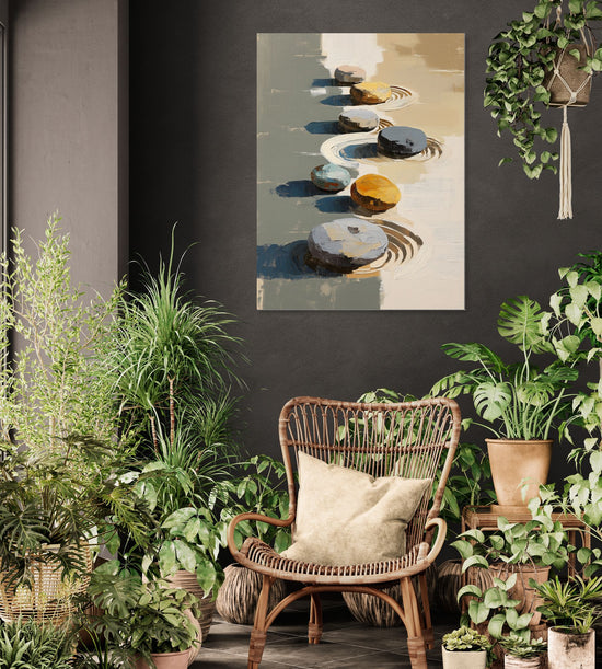 Tableau mural de pierres zen flottantes dans des tons naturels pour une ambiance relaxante en intérieur végétal