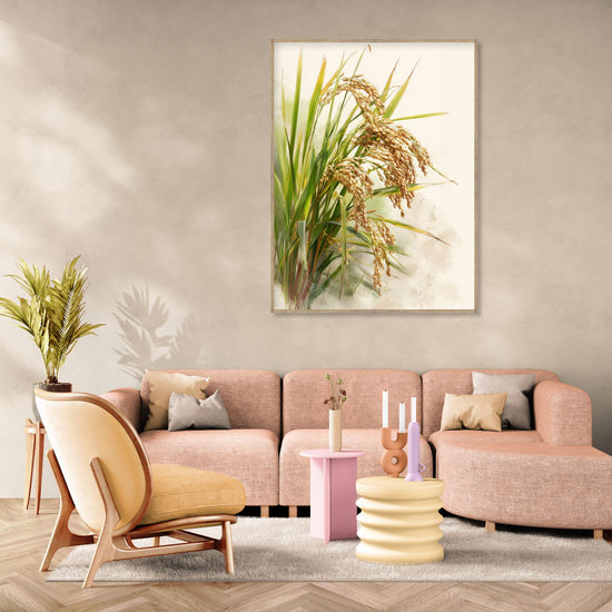 Wall art of green plants and rice ears, natural ambiance in a pastel modern living room