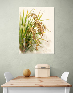 Wall art of green plants and rice ears, watercolor style, natural ambiance in a neutral-toned dining room