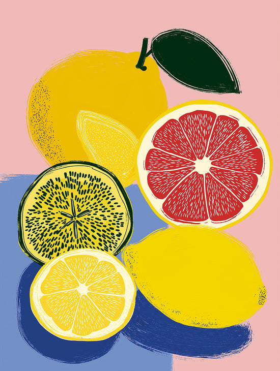 Pop art fruit artwork with lemons and grapefruit on a colorful background for a modern kitchen