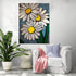 Pop art daisy painting on blue background, modern bright living room vibe