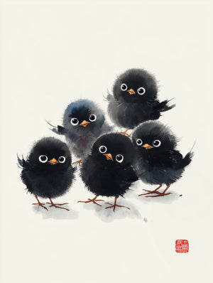 Art print featuring five black chicks with large eyes, playful ink drawing style
